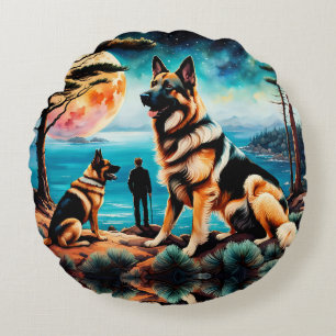 German Shepherds Hiking on Mountain Round Pillow