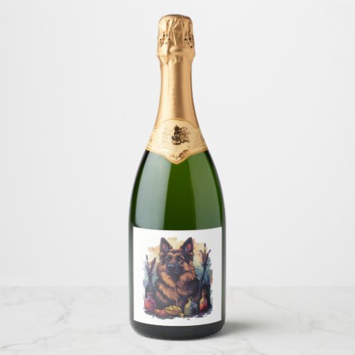 German Shepherds in Potion Play Portray Sparkling Wine Label
