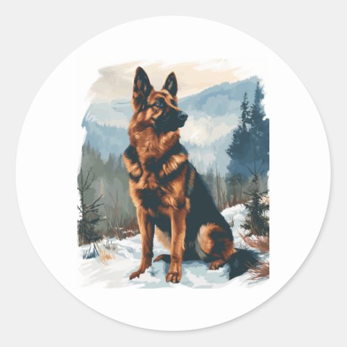 German Shepherds in Winter Wonderland Classic Round Sticker