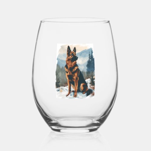 German Shepherds in Winter Wonderland Stemless Wine Glass