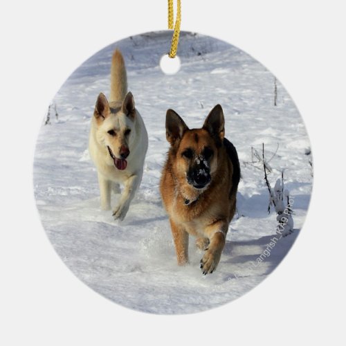 German Shepherds Running in the Snow Ceramic Ornament