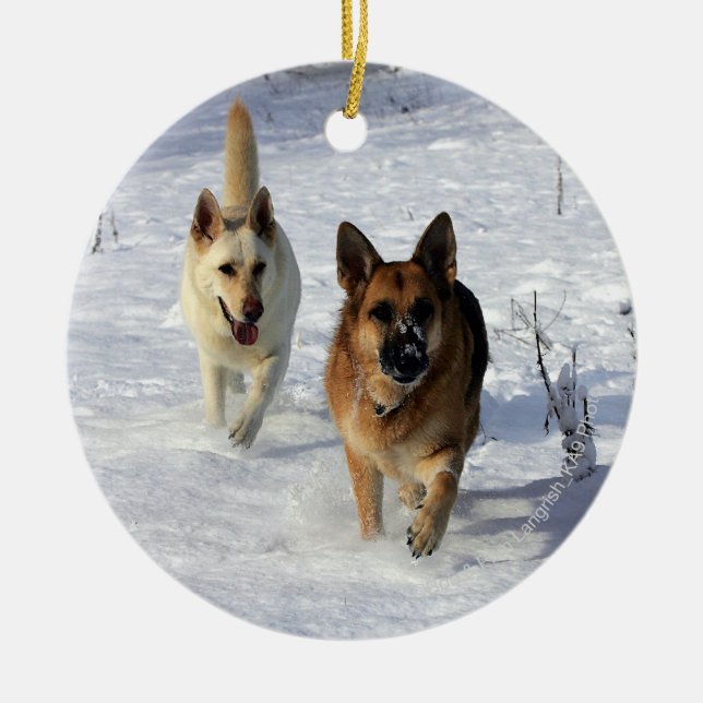 German Shepherds Running in the Snow Ceramic Ornament (Front)