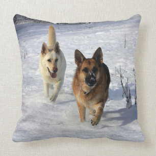 German Shepherds Running in the Snow Throw Pillow