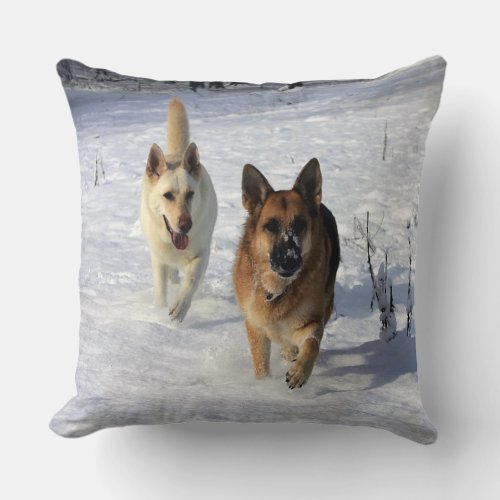 German Shepherds Running in the Snow Throw Pillow