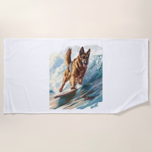 German Shepherds Surfing the Waves Beach Towel