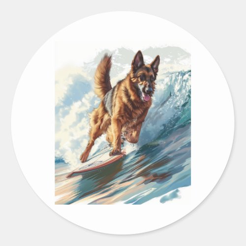 German Shepherds Surfing the Waves Classic Round Sticker