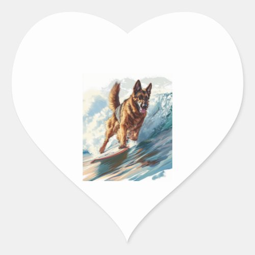 German Shepherds Surfing the Waves Heart Sticker