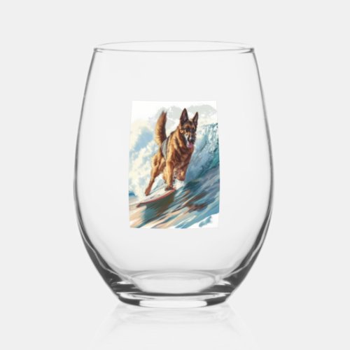 German Shepherds Surfing the Waves Stemless Wine Glass