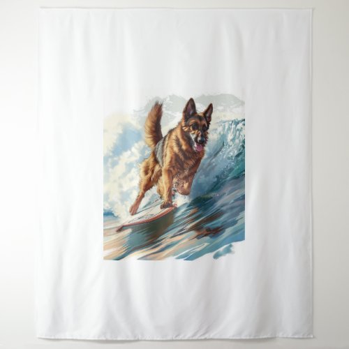 German Shepherds Surfing the Waves Tapestry