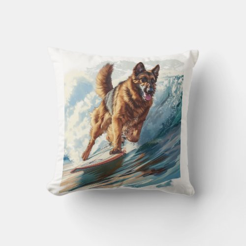 German Shepherds Surfing the Waves Throw Pillow