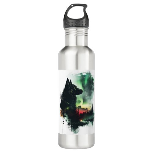 German Shepherds Under Northern Lights Stainless Steel Water Bottle