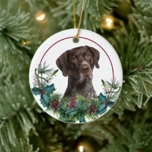 German Shorthair Pointer Dog Evergreen Wreath Ceramic Ornament