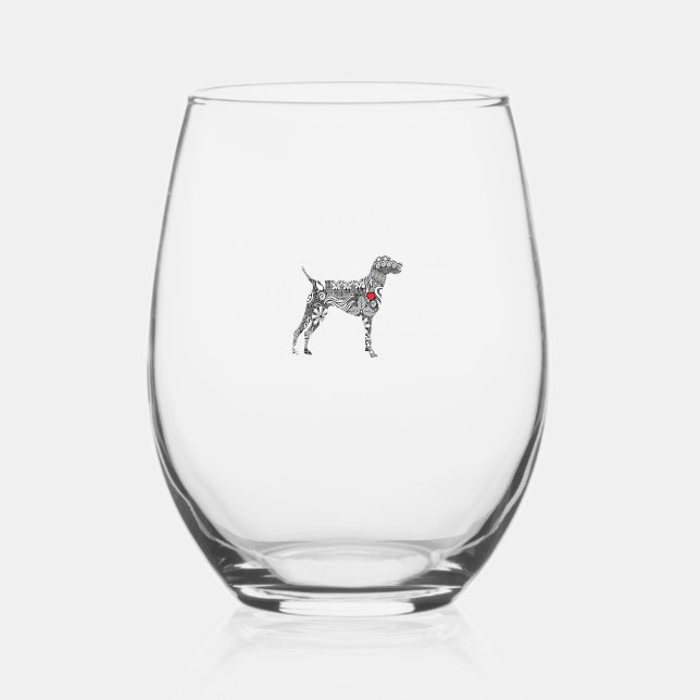 German Shorthair Pointer I GSP Dog Mom I Love Hear Stemless Wine Glass (Front)