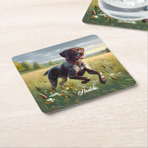 German Shorthair Pointer Running Square Paper Coaster