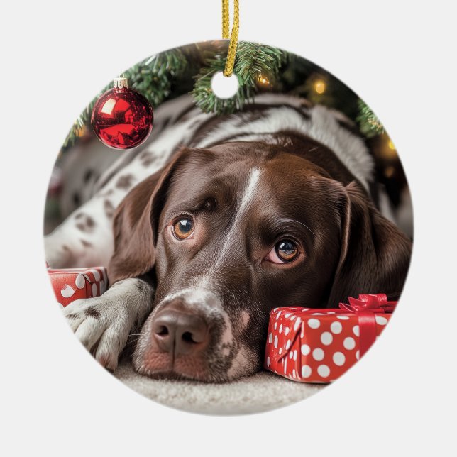 German Shorthaired Pointer Christmas Ceramic Ornament (Front)