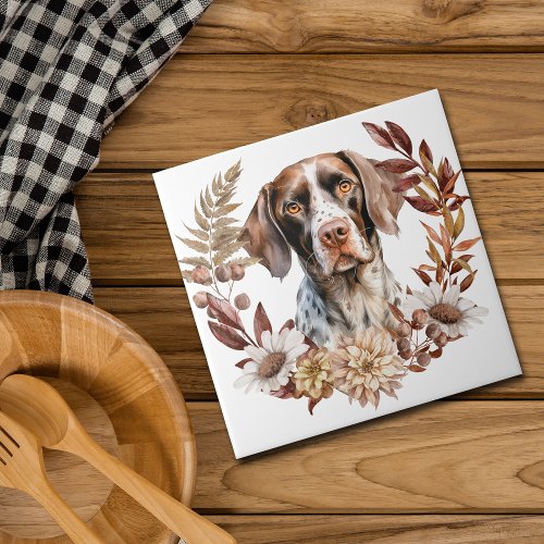 German Shorthaired Pointer Dog Autumn Wreath Ceramic Tile