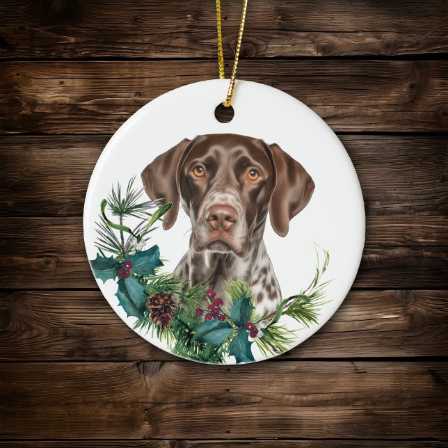 German Shorthaired Pointer Dog Holly Wreath Ceramic Ornament (Creator Uploaded)