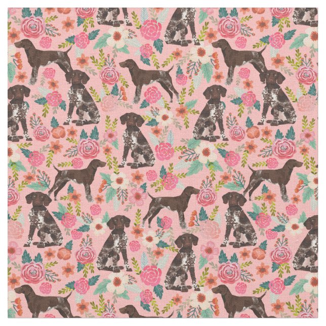 German Shorthaired Pointer florals pink Fabric (Close Up)