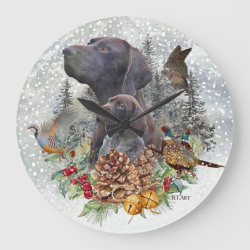 German Shorthaired Pointer in winter    Large Clock