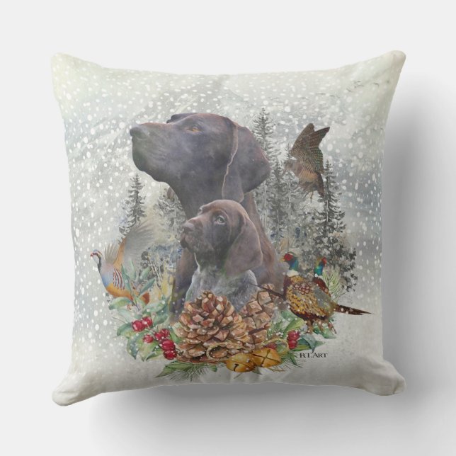 German Shorthaired Pointer in winter    Outdoor Pillow (Back)