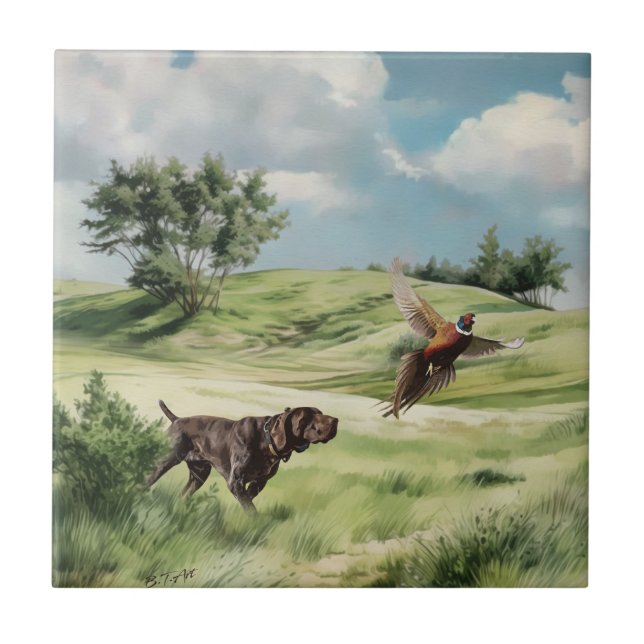 German Shorthaired Pointer Pointing at a Pheasant Ceramic Tile (Front)
