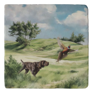 German Shorthaired Pointer Pointing at a Pheasant Trivet
