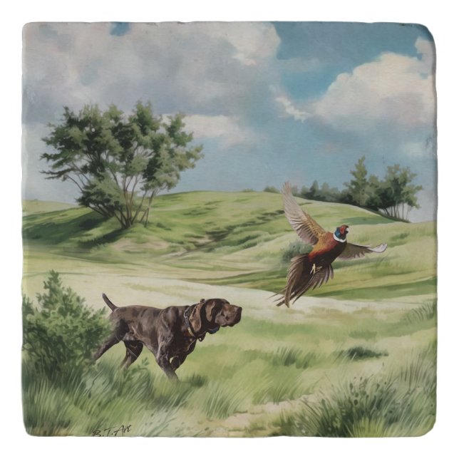 German Shorthaired Pointer Pointing at a Pheasant Trivet (Front)