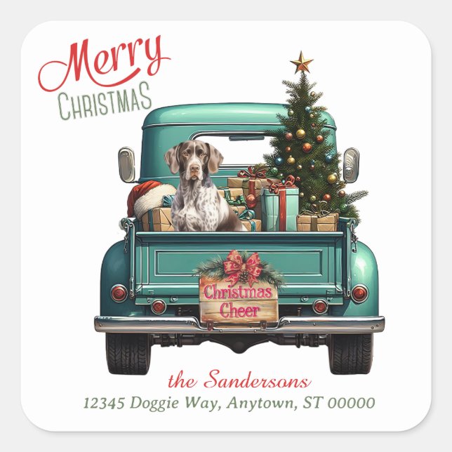 German Shorthaired Pointer Retro Truck Christmas Square Sticker (Front)