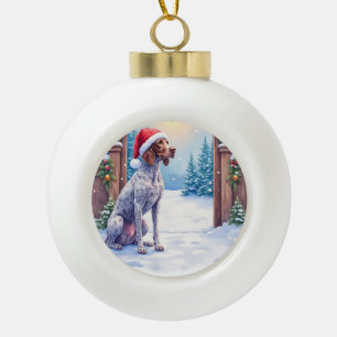 German Shorthaired Pointer Snowy Gate Santa Hat Ceramic Ball Christmas Ornament