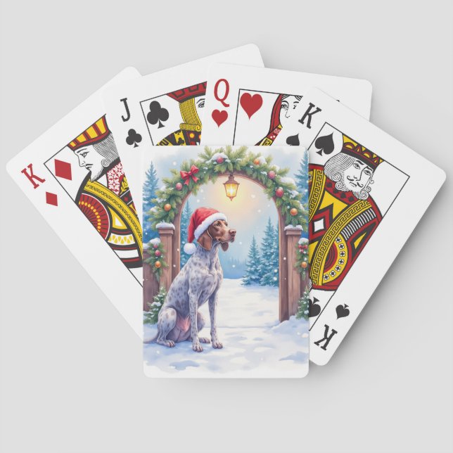 German Shorthaired Pointer Snowy Gate Santa Hat Poker Cards (Back)