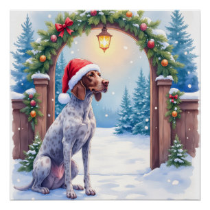 German Shorthaired Pointer Snowy Gate Santa Hat Poster