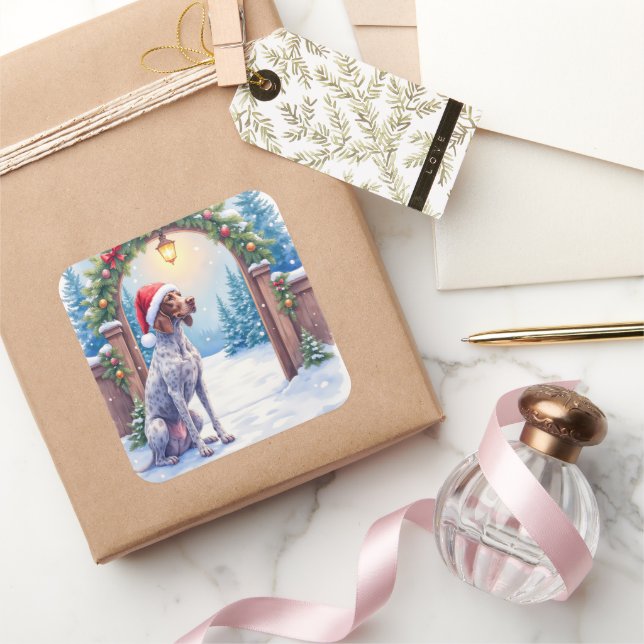 German Shorthaired Pointer Snowy Gate Santa Hat Square Sticker (Gifting)