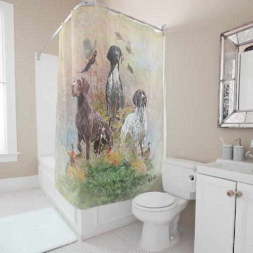 German Shorthaired Pointers GSP a hunting pheas Shower Curtain