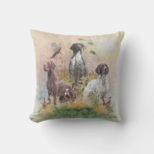 German Shorthaired Pointers GSP a hunting pheas Throw Pillow