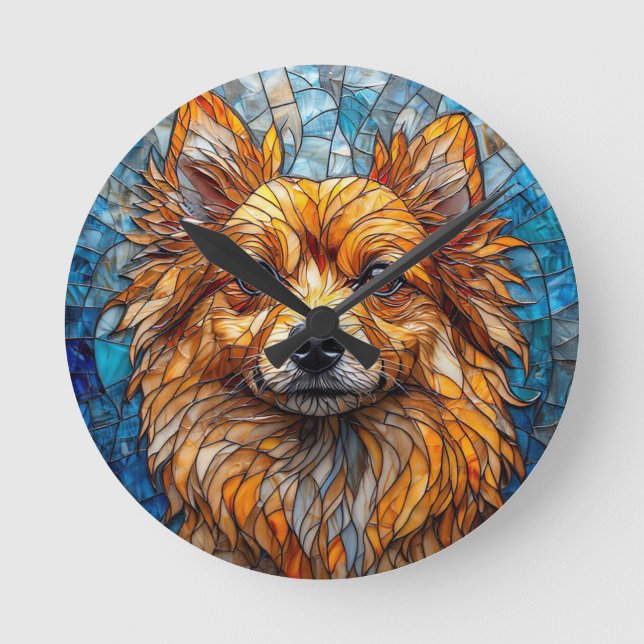 German Spitz Dog Stained Glass Artwork Round Clock (Front)