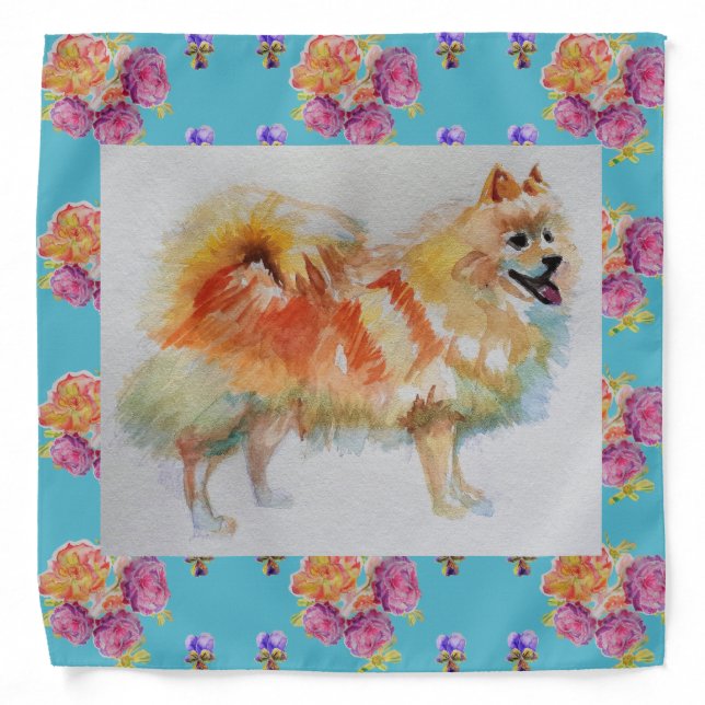 German Spitz Pomeranian Dog Roses Scarf Bandana (Front)