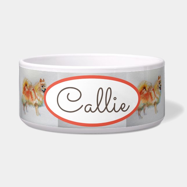 German Spitz Pomeranian Watercolor Dog Pet Name Bowl (Front)