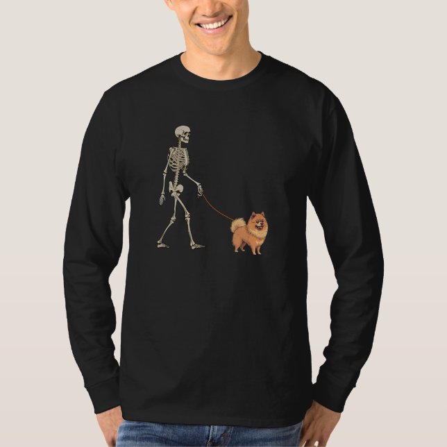German Spitz Skeleton Dog Walking Halloween Dog T-Shirt (Front)