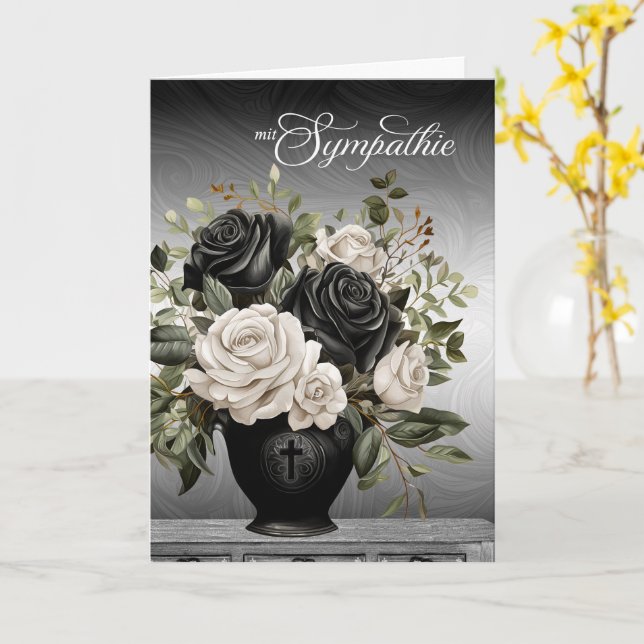 German Sympathy Vase of Black and White Roses Card (Yellow Flower)