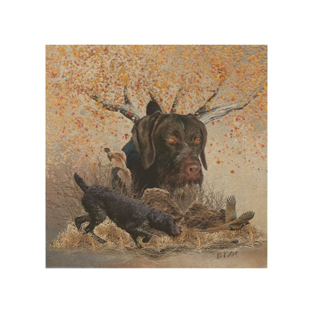 German Wirehaired Pointer , Autumn hunting   Wood Wall Art (Front)