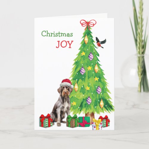 German Wirehaired Pointer Bird and Christmas Tree Holiday Card
