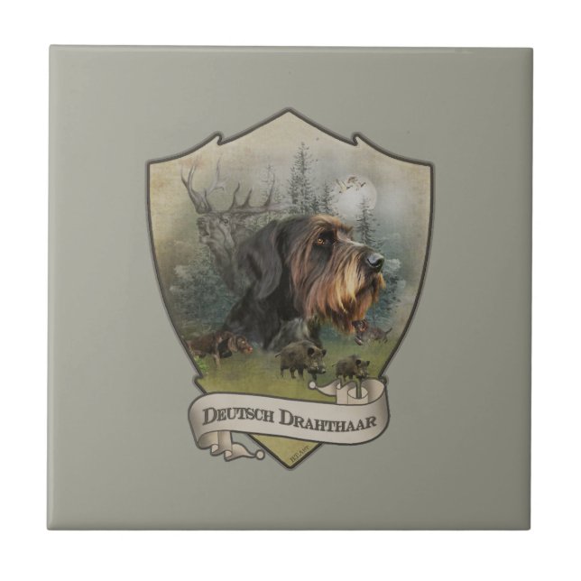 German Wirehaired Pointer, Boar Hunting   Ceramic Tile (Front)