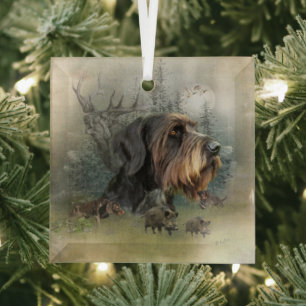 German Wirehaired Pointer, Boar Hunting    Glass O Ornament
