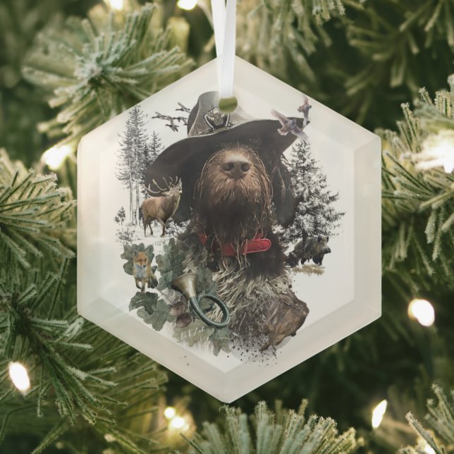 German Wirehaired Pointer, Boar Hunting    Glass Ornament (Insitu)
