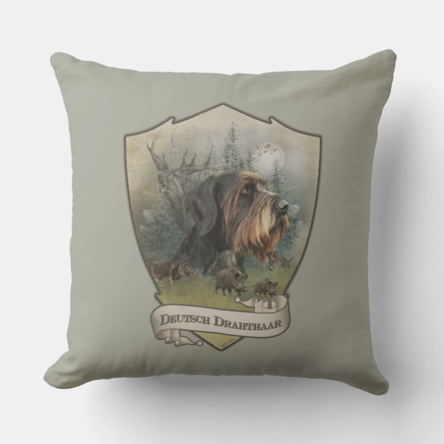 German Wirehaired Pointer, Boar Hunting Outdoor Pillow (Front)