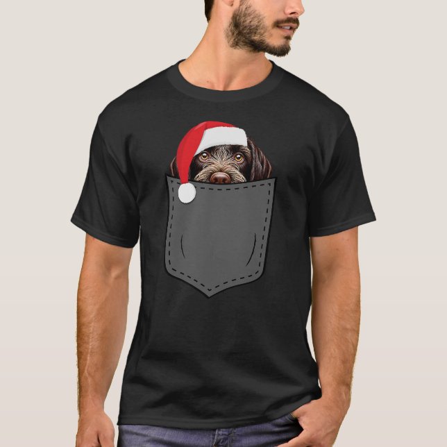 German Wirehaired Pointer Dog Hat Christmas Pocket T-Shirt (Front)