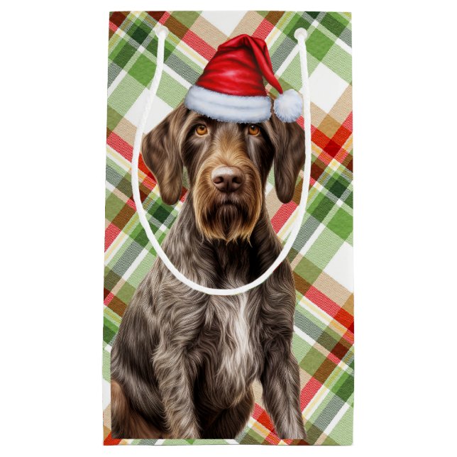 German Wirehaired Pointer Holiday Plaid Christmas Small Gift Bag (Front)