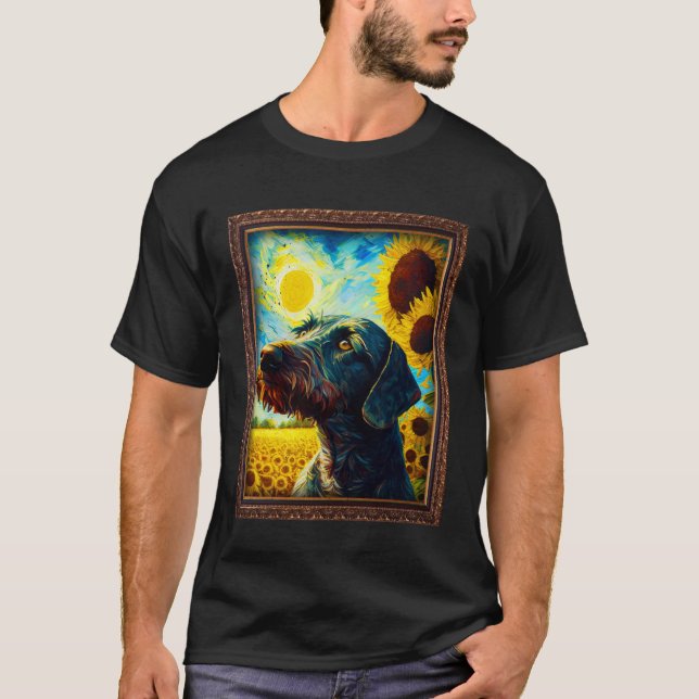 German Wirehaired Pointer Painting Sunflower Flowe T-Shirt (Front)
