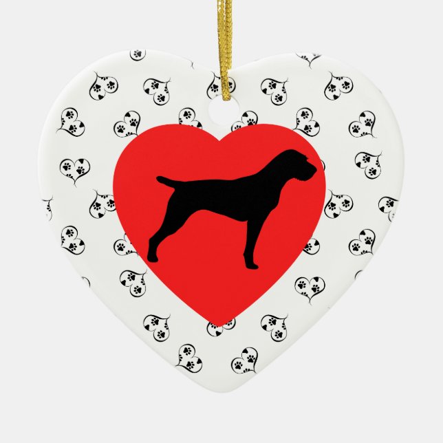 German Wirehaired Pointer Silhouette with Hearts Ceramic Ornament (Front)