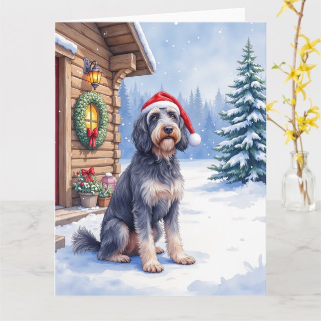 German Wirehaired Pointer Snowy Lodge Santa Hat Card (Yellow Flower)